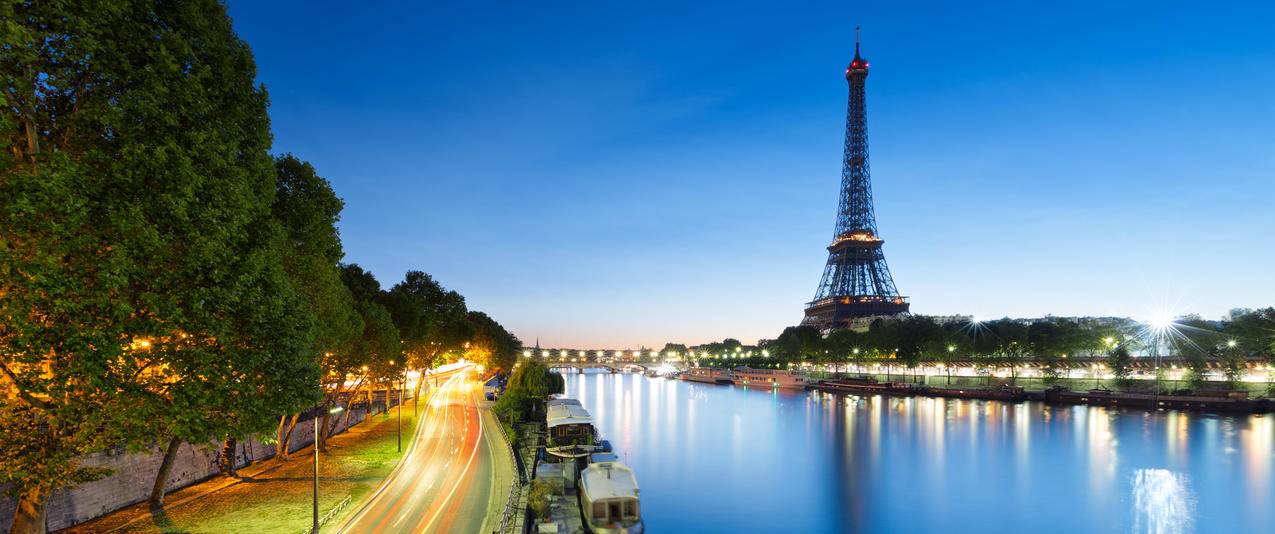 巴黎城市夜景河流埃菲尔铁塔带鱼屏壁纸