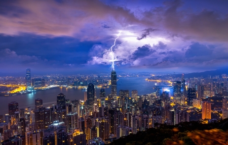 电闪雷鸣香港城市夜景4k高清桌面壁纸图片
