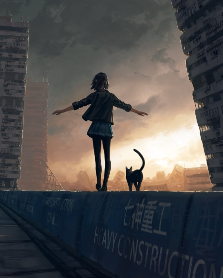 城市废墟女孩和猫高清手机壁纸图片