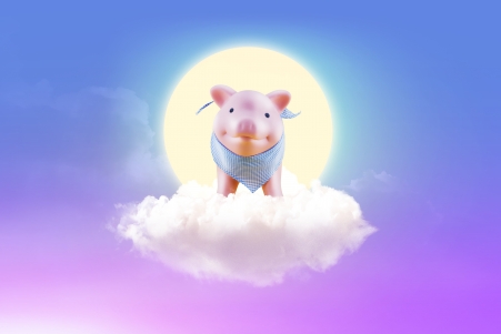 卡通月亮白云上的小猪高清壁纸图片