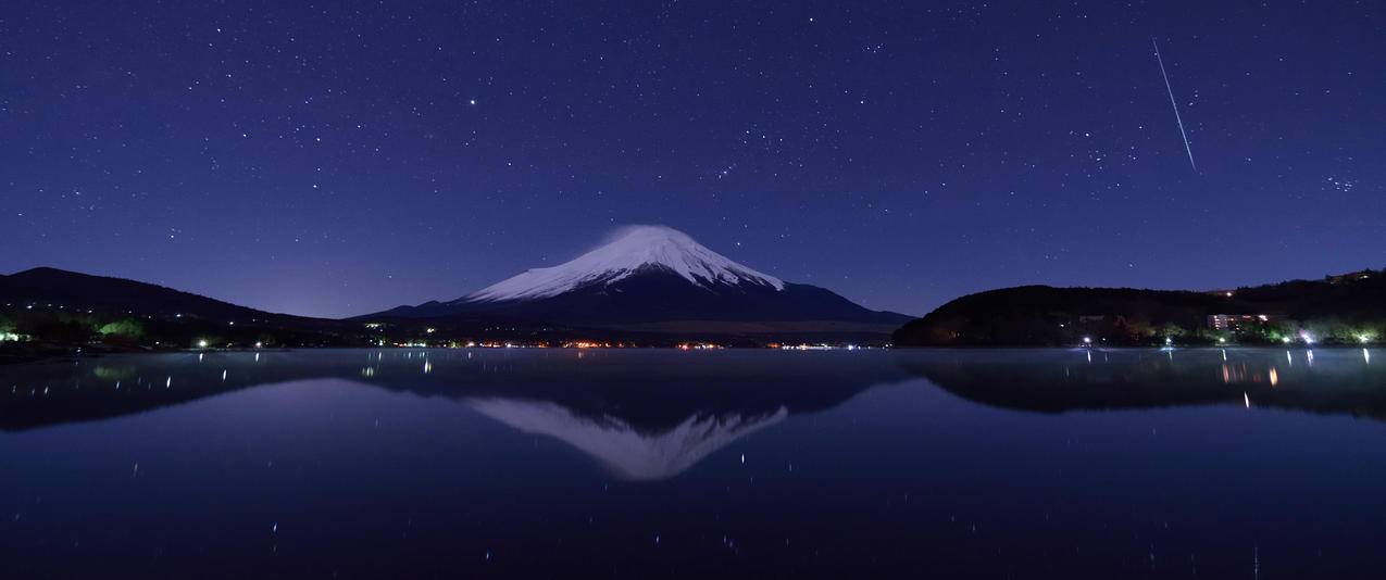 富士山夜景唯美星空高清带鱼屏壁纸图片